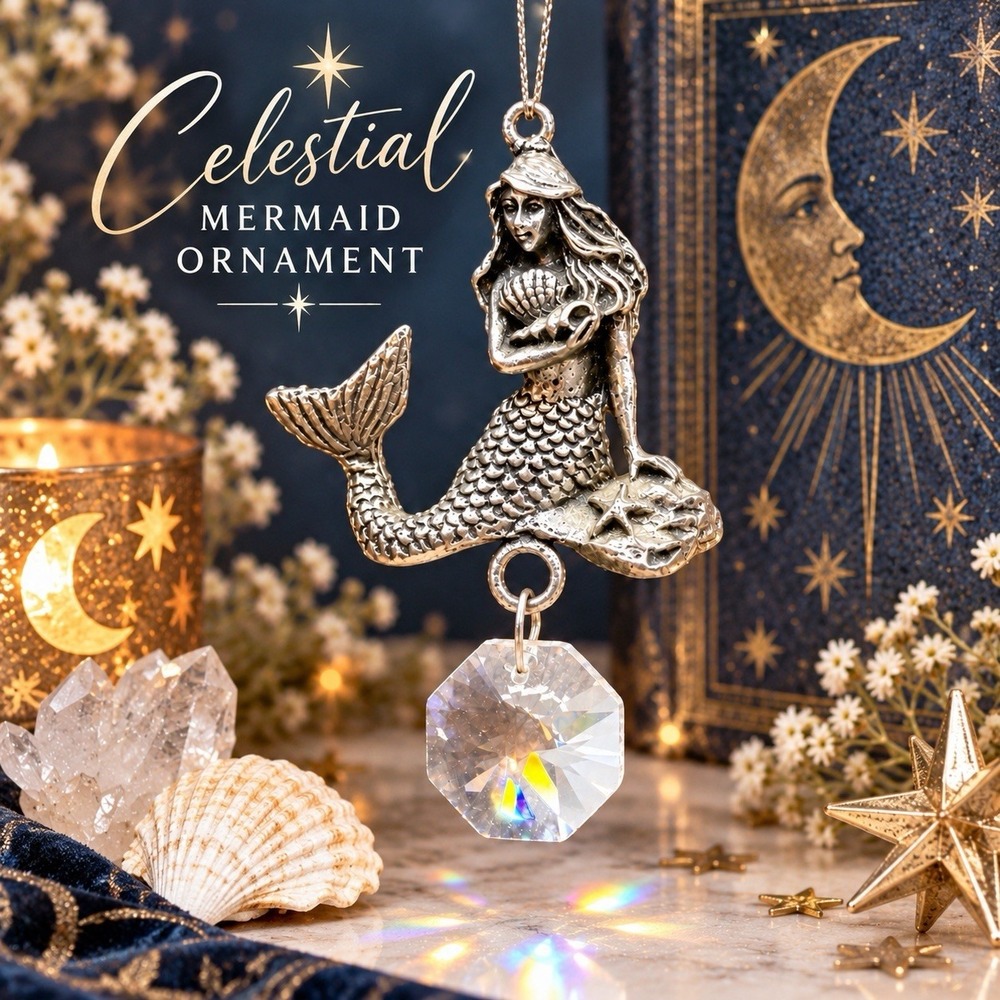 Vintage Celestial Fairycore Mermaid Ornament Suncatcher 3" Pewter Tone Crystal